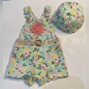 Floral Kids Overalls with Bucket Hat - Mint Green and Pink